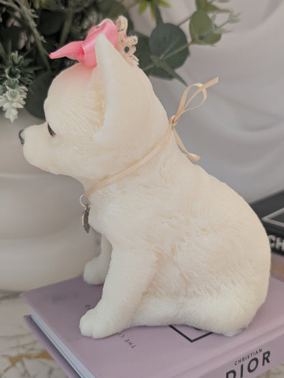 Left-side profile of handcrafted Chihuahua candle with detailed fur texture, perked ears, and visible charm accents
