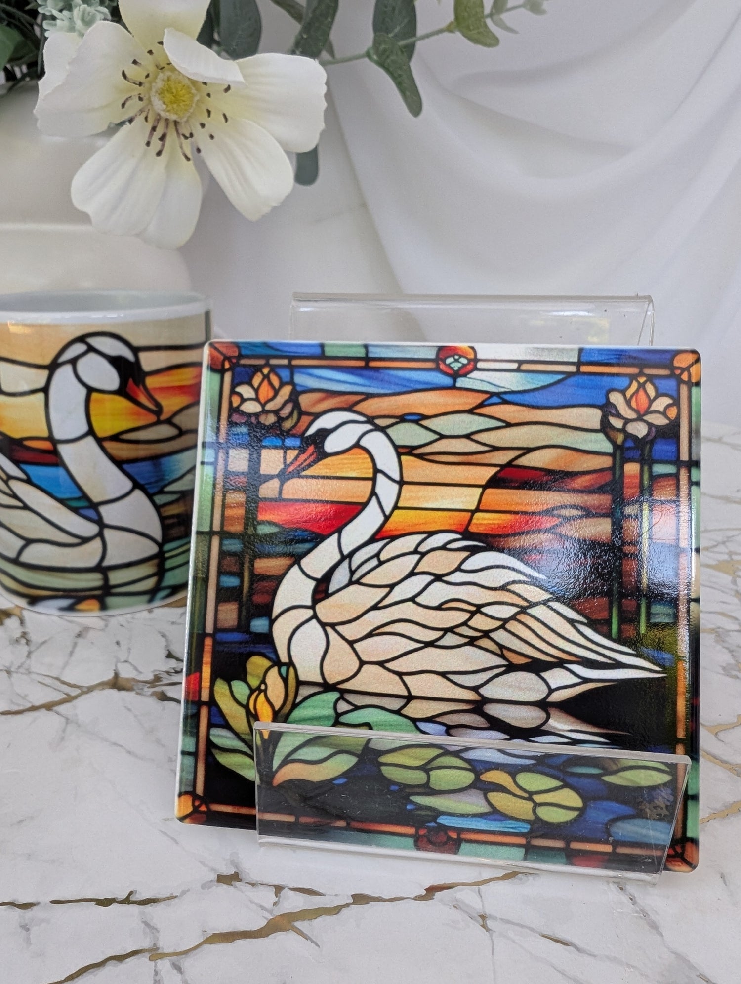 front view of  a square swan stained glass effect ceramic coaster 