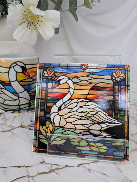 front view of  a square swan stained glass effect ceramic coaster 