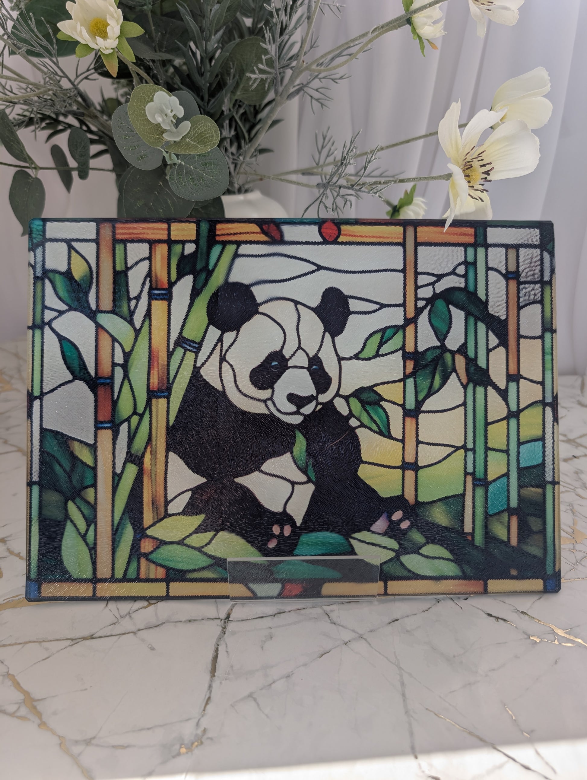 Colourful Panda sitting in Bamboo  - rectangular chopping board in stained glass style