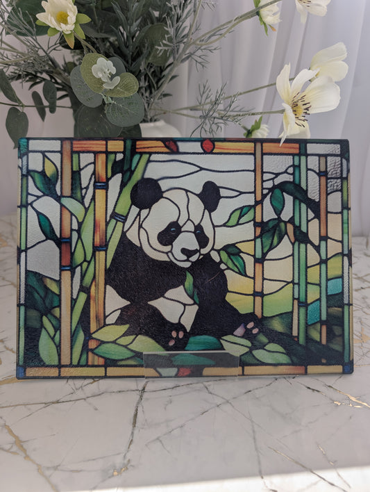 Colourful Panda sitting in Bamboo  - rectangular chopping board in stained glass style