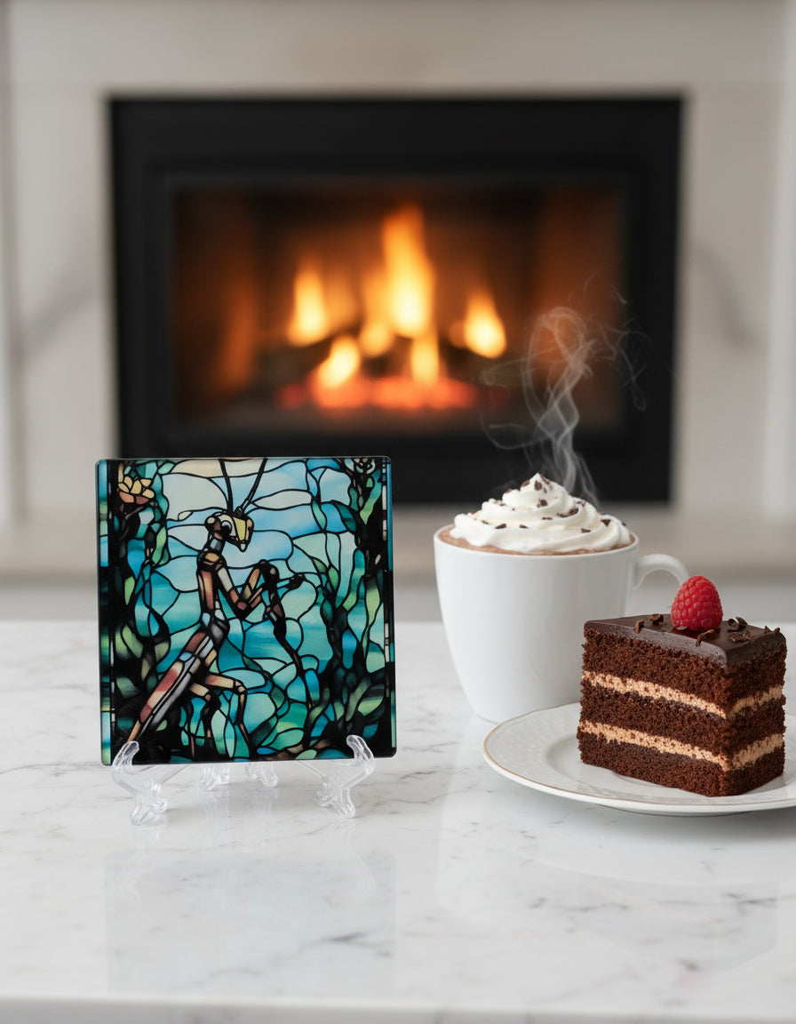 Decorative glass plate with a praying mantis design on a stand, surrounded by flowers.