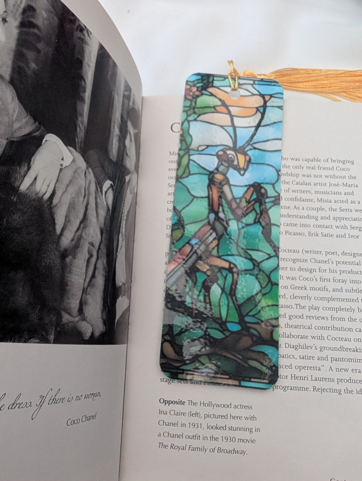 Insect lover gift.  Stocking filler - stained glass style praying mantis bookmark