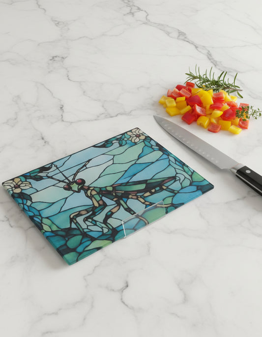 Colorful mantis design on a glass surface with floral decorations in the background