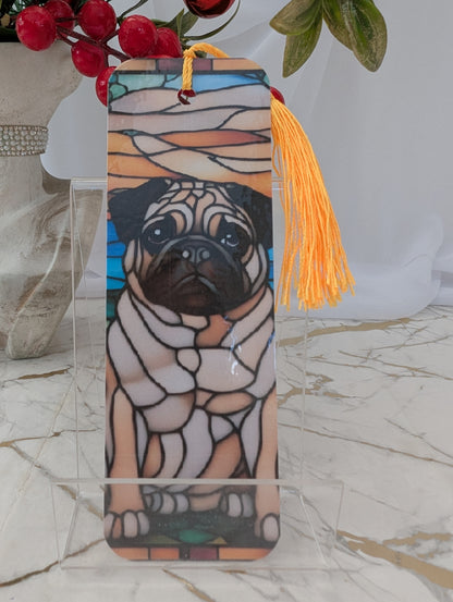 Handmade laminated bookmark with stained glass pug design by Paws and Glow.