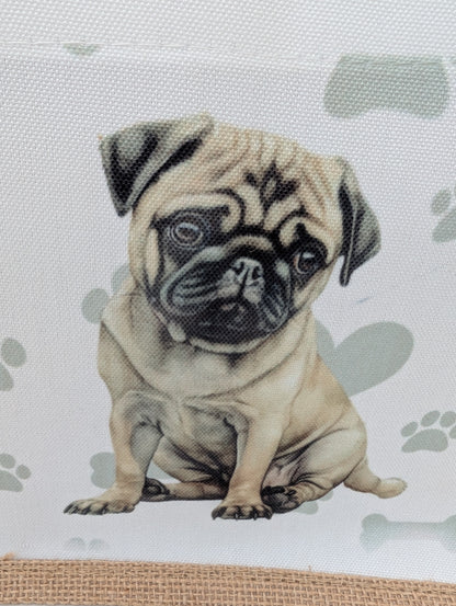 Close up of pug image on the Paws and Glow eco jute tote bag
