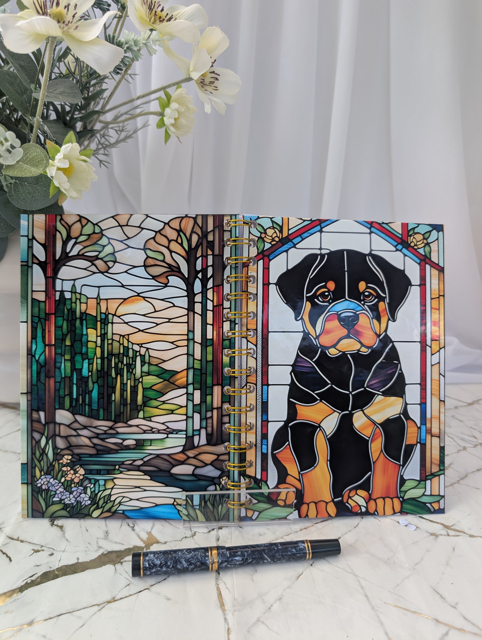 Dog notebook - Front and back covers of  handmade stained glass style rottweiler spiral bound notebook