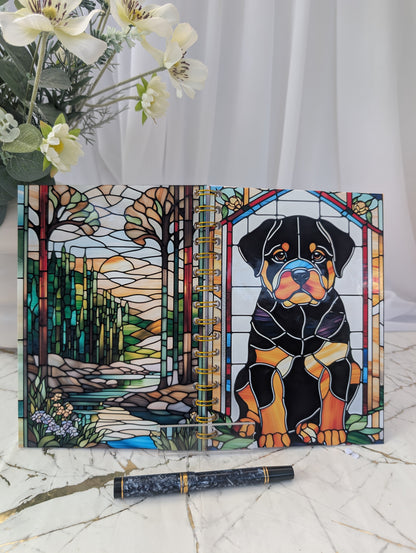 Dog notebook - Front and back covers of  handmade stained glass style rottweiler spiral bound notebook