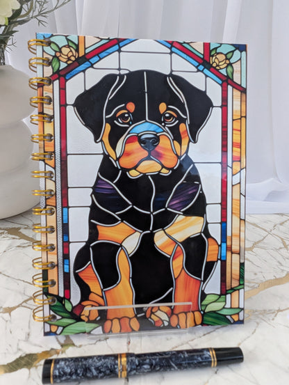 Close up detail of stained glass style Rottweiler Notebook by Paws and Glow