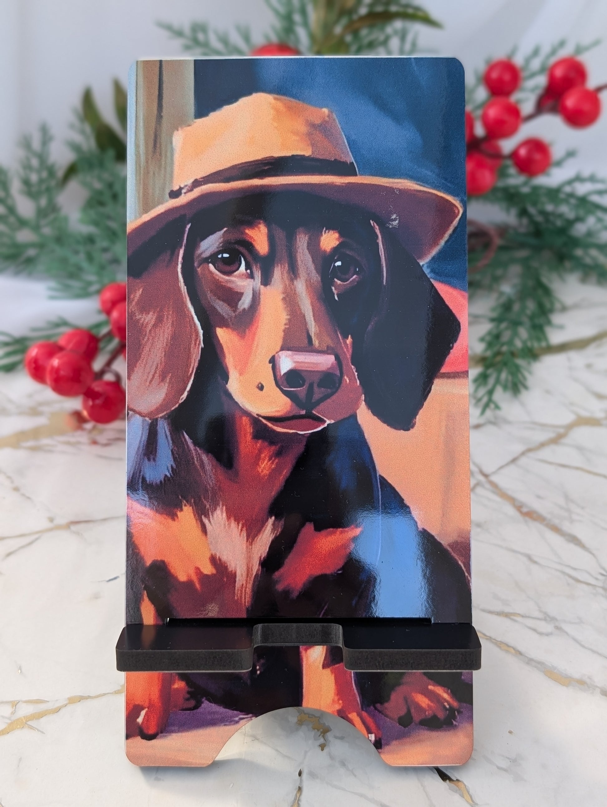 Phone stand with a dachshund design featuring a hat, placed on a surface with decorative elements.