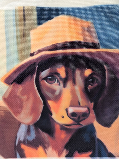 Festive gift idea: Close up of dachshund design on Paws and Glow linen tote bag