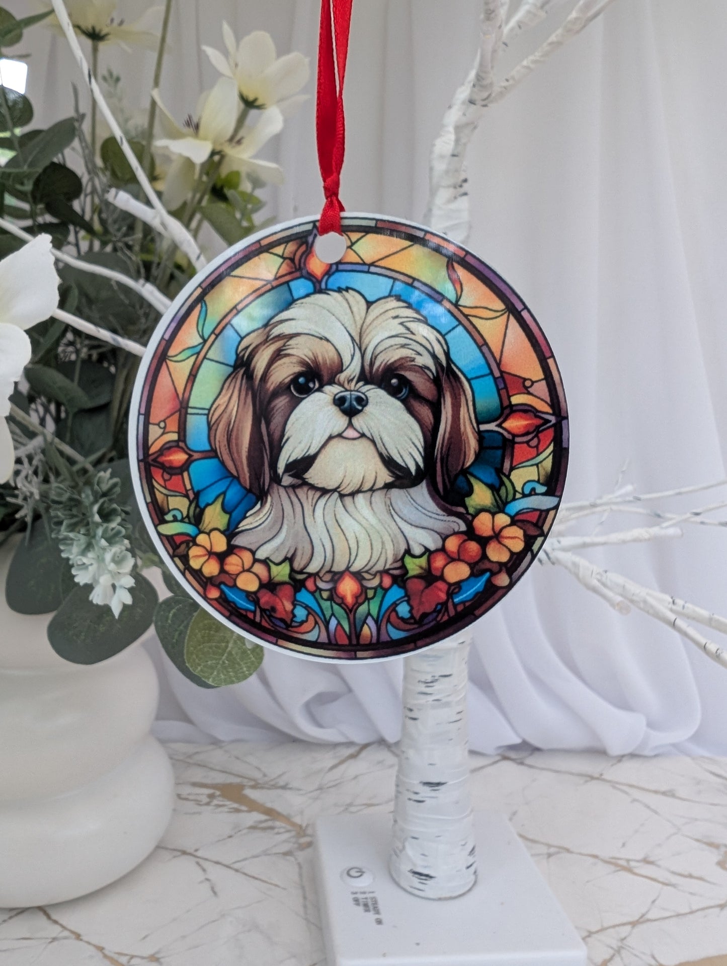 9cm diameter round Schih-Tzu stained glass style aluminium hanging ornament