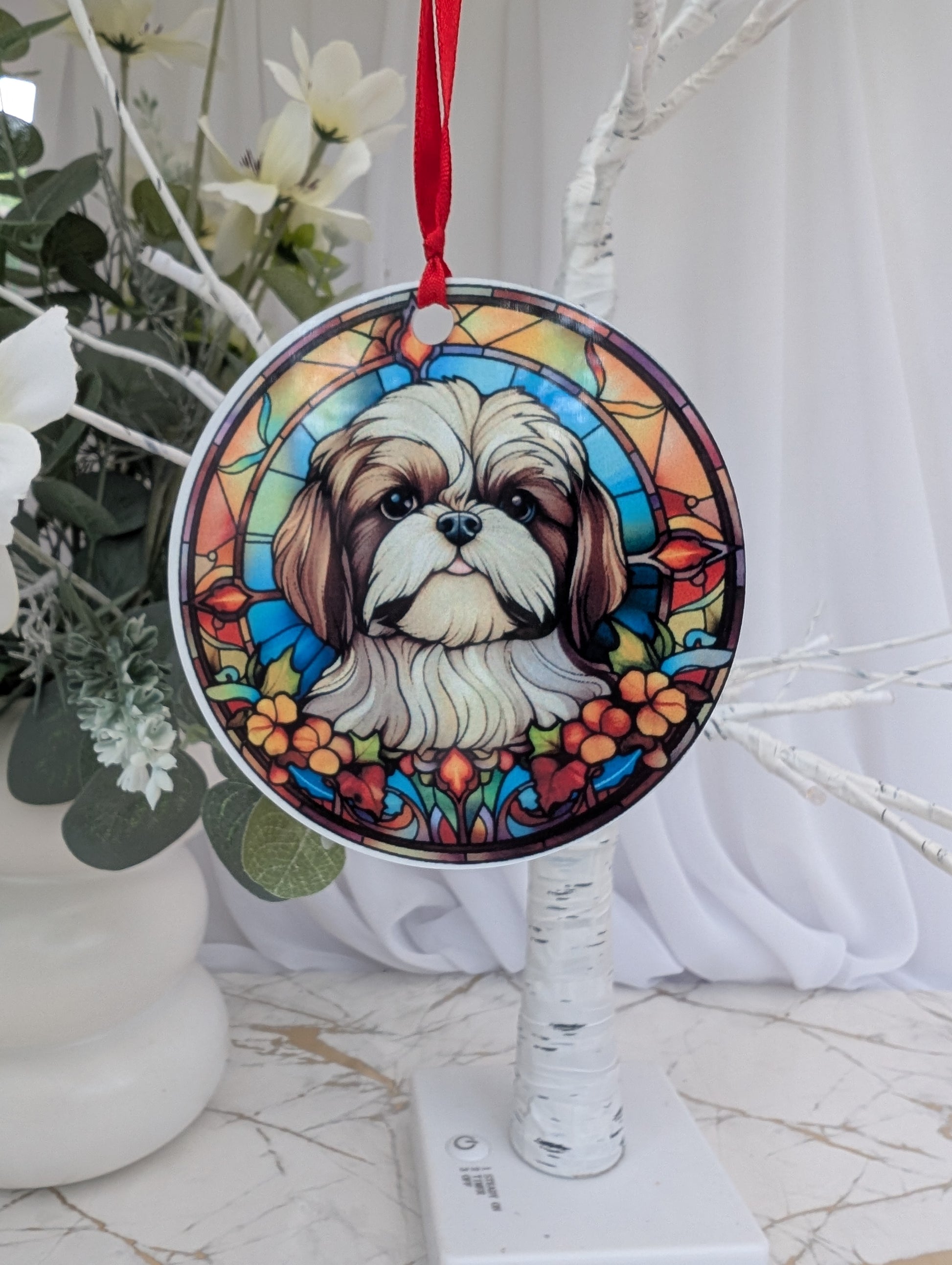 9cm diameter round Schih-Tzu stained glass style aluminium hanging ornament