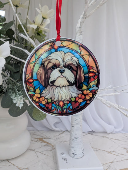 9cm diameter round Schih-Tzu stained glass style aluminium hanging ornament