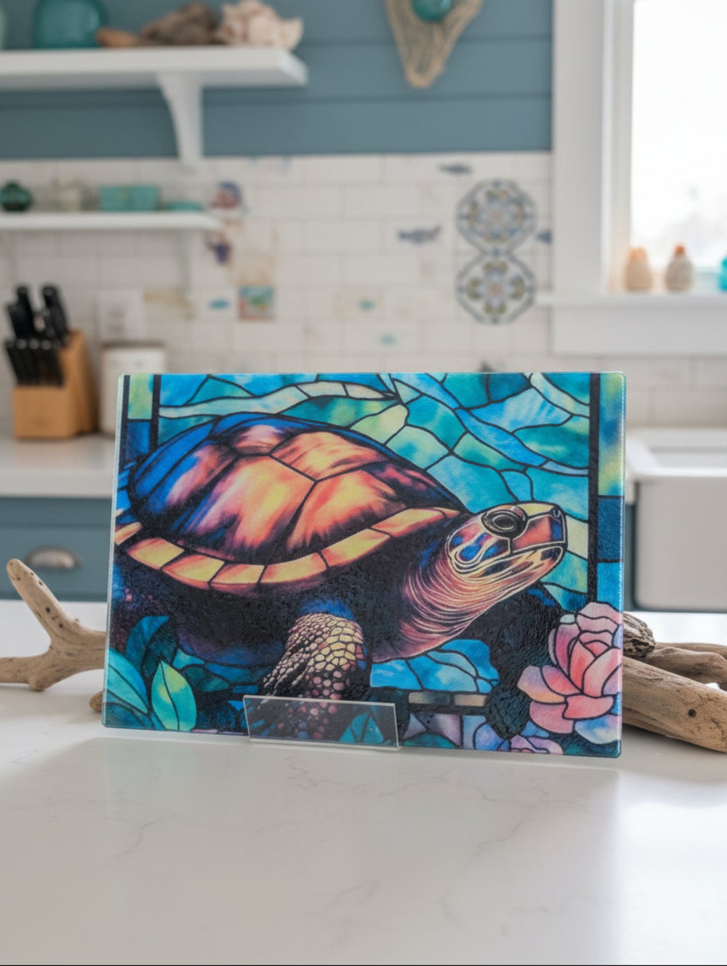 Colourful sea turtle glass chopping board in stained glass effect