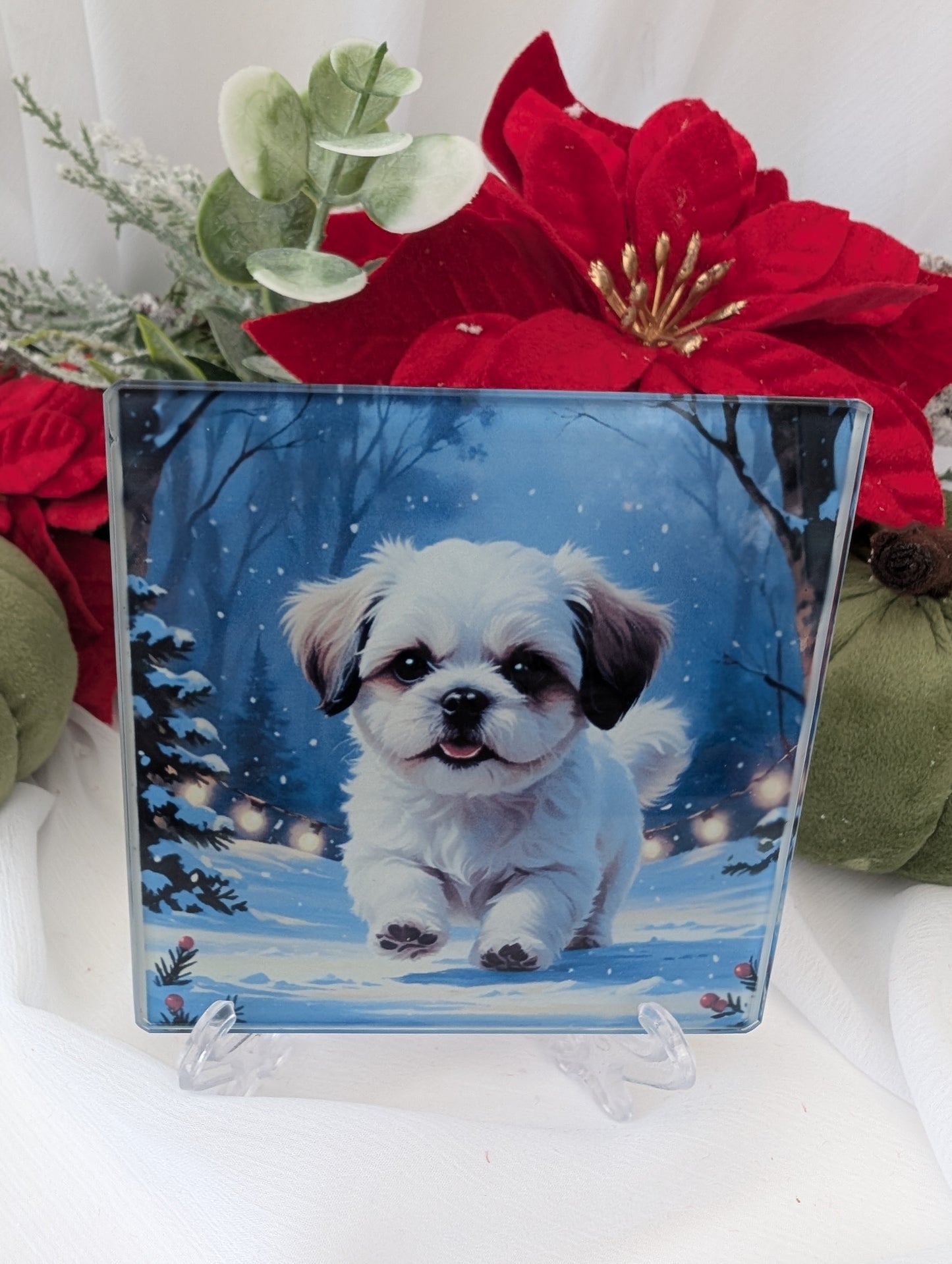 Christmas gift idea - shih tzu glass coaster.  Winter theme.