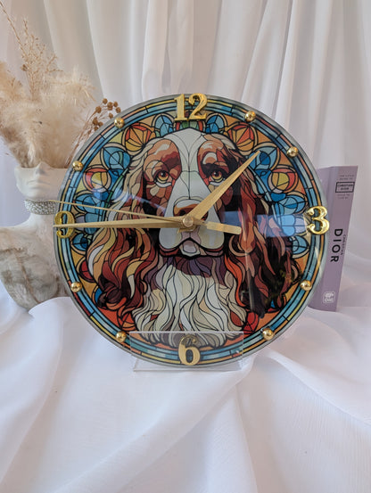 Springer spaniel Colorful clock in a stained glass design on a white surface