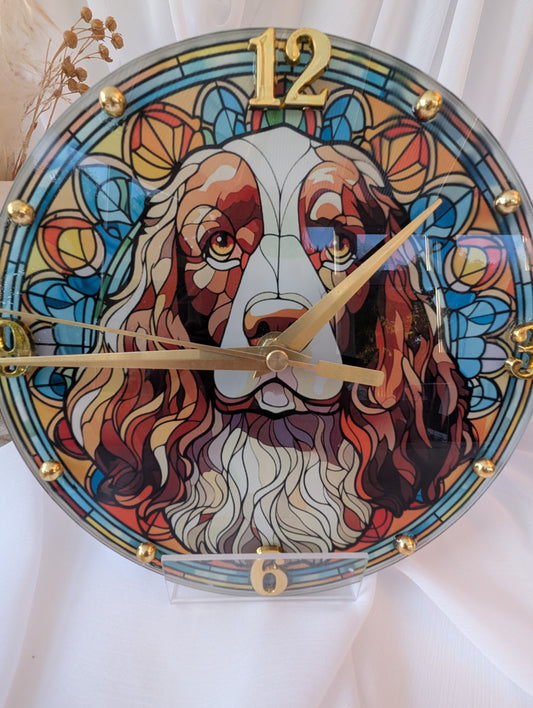 Dog Wall Clock - Springer Spaniel stained glass effect wall clock with gold colour clock hands
