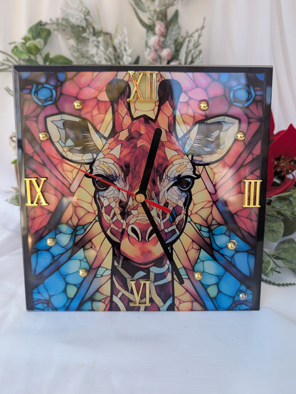 Vibrant Giraffe Wall Clock in toughened Glass - hand made n stained glass design by Paws and Glow