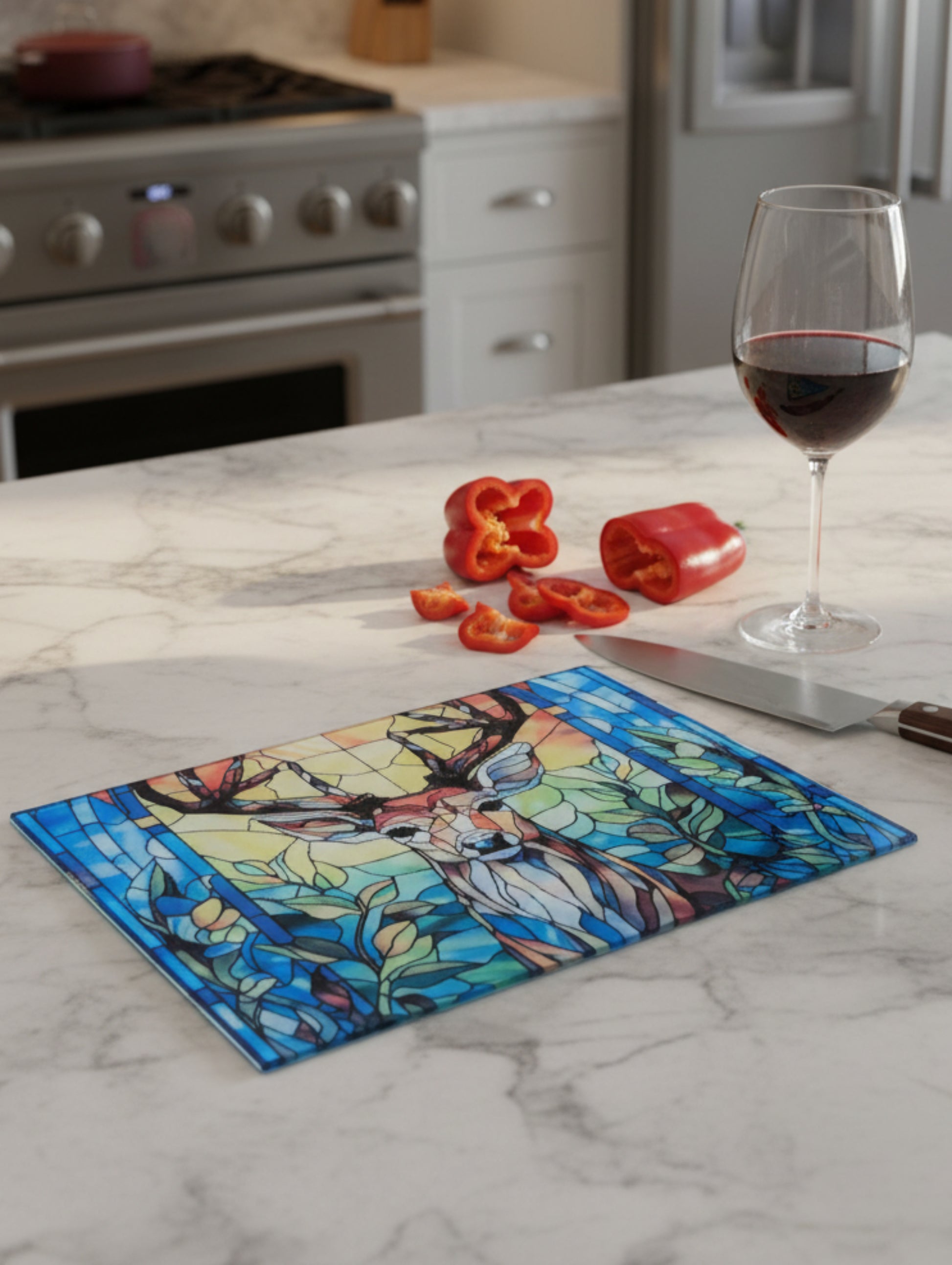 Colorful deer chopping board in a stained glass style on a kitchen worktop.  By Paws and Glow