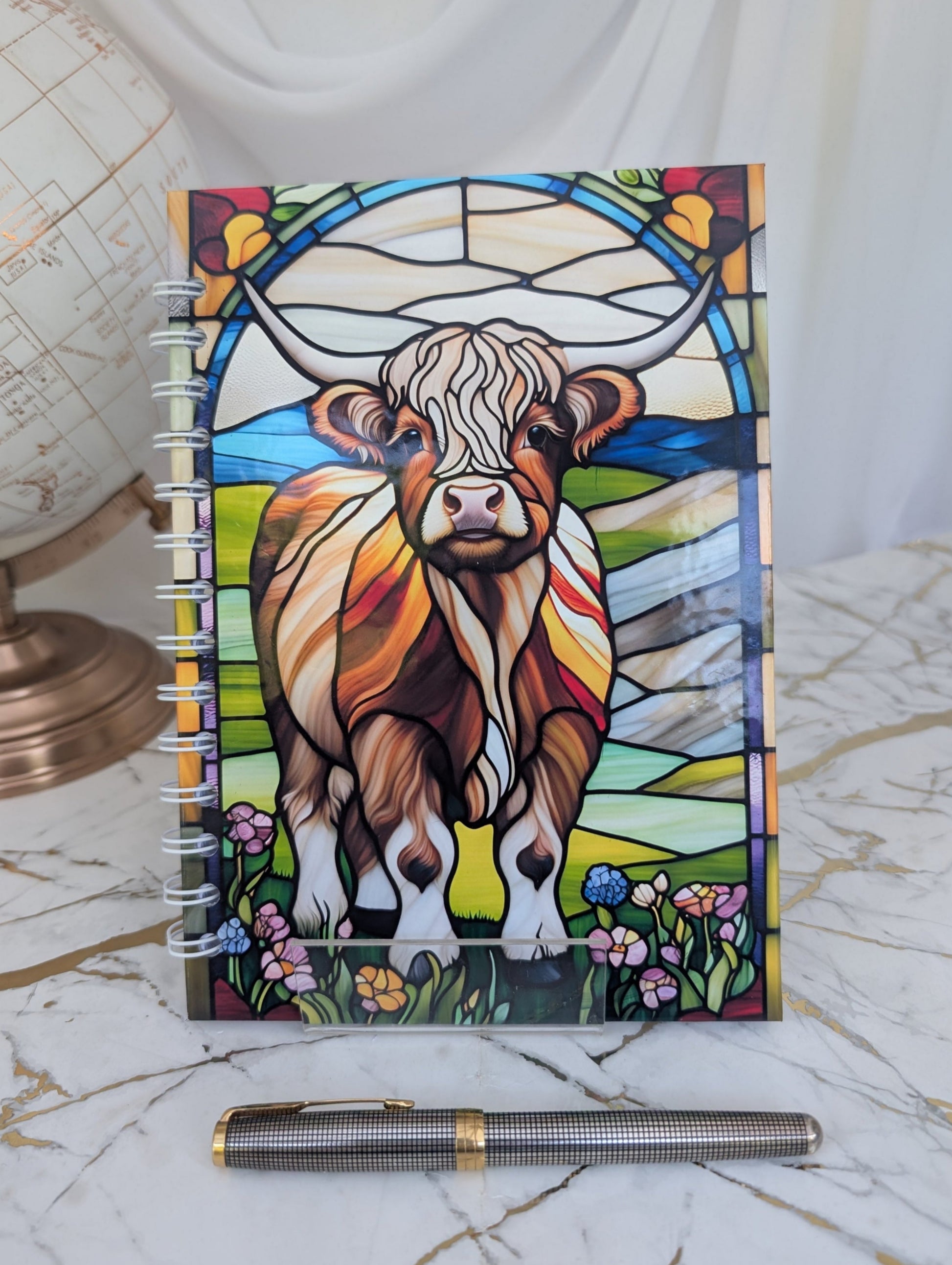 Colourful stained glass style Highland Cow hardback notebook