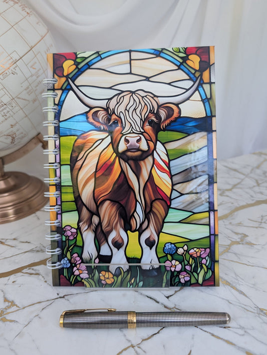 Colourful stained glass style Highland Cow hardback notebook