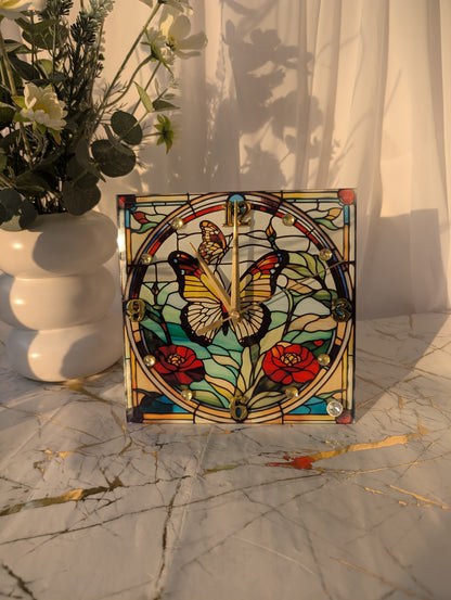 20cm freestanding butterfly clock showing stained glass-style detailing and intricate wing patterns