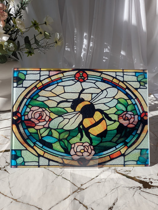 Stained glass design bee chopping board.  Rectangular with beautiful pink flowers