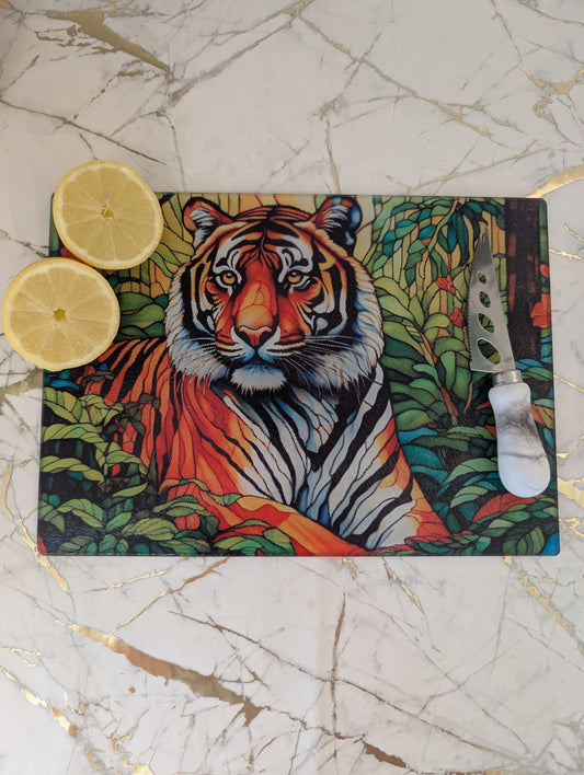 Top view of Tiger in the Jungle stained glass style chopping board 