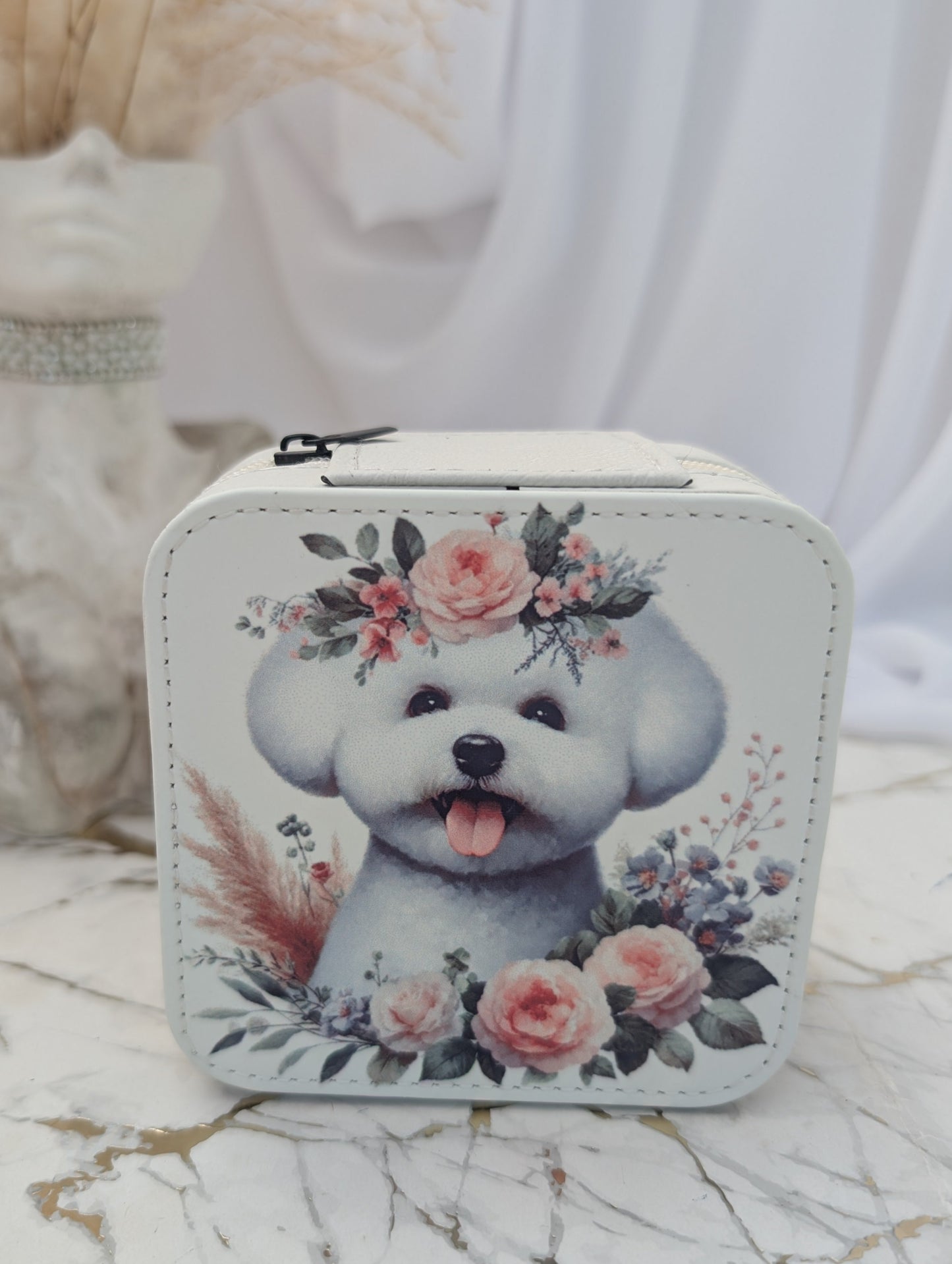 Cream faux leather travel jewellery box with cute bichon frise and flowers design
