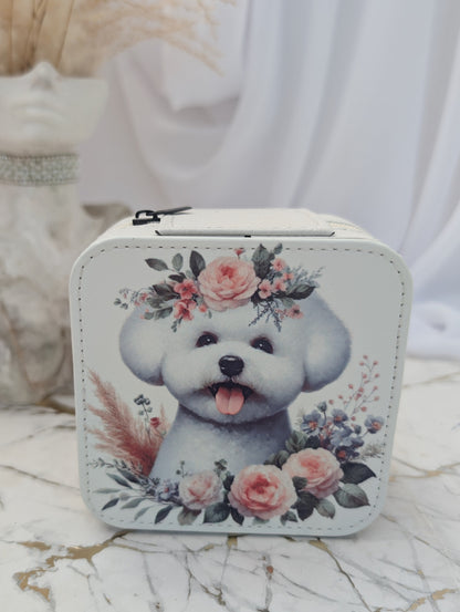 Cream faux leather travel jewellery box with cute bichon frise and flowers design