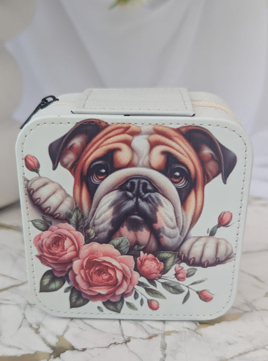 Travel Jewellery Box - Cream faux leather with cute bulldog and flower design 