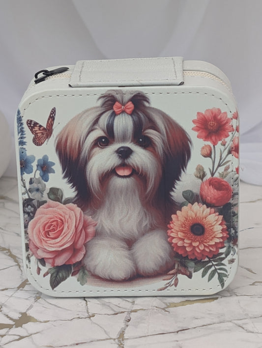 Travel Jewellery Box - cream faux leather dog jewellery box with cute schih tzu and flowers image