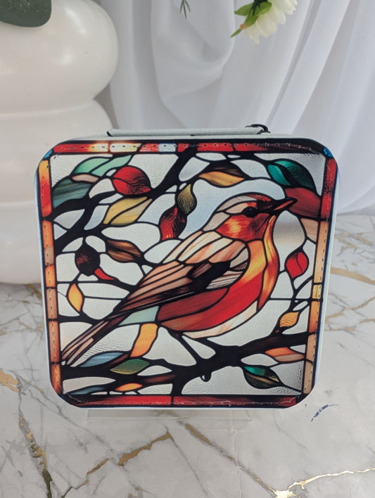 Travel jewellery box in cream faux leather with stained glass robin design