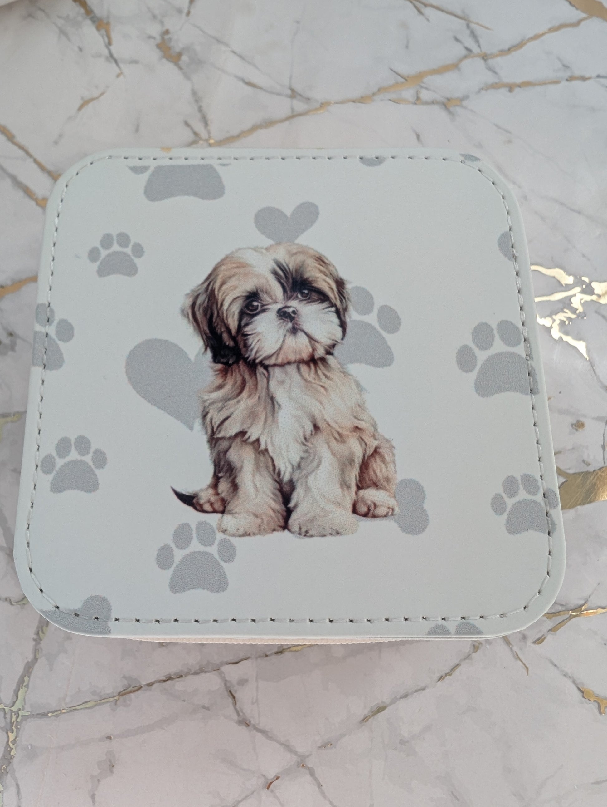 Travel Jewellery Box - Cream faux leather with cute Shih Tzu design with grey heart and pawprint background
