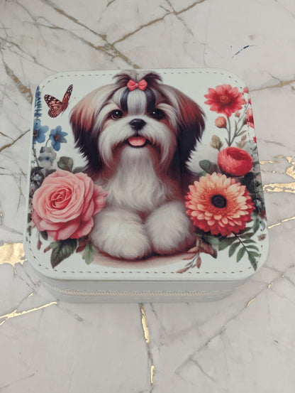 top view of Travel Jewellery Box - cream faux leather dog jewellery box with cute schih tzu and flowers image