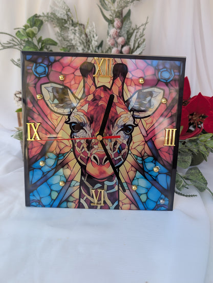 Giraffe lover Gift.  Colorful giraffe clock with decorative elements on a white background