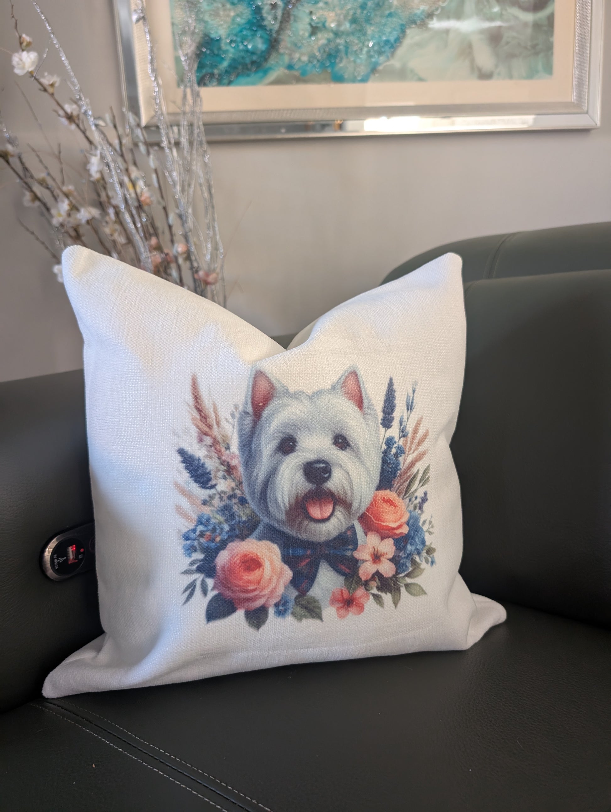 Western Highland terrier with flowers dog cushion  on green leather couch