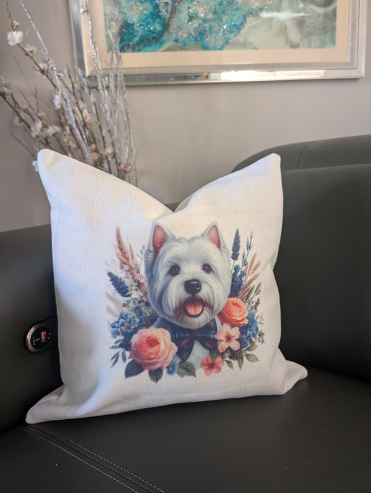 Western Highland terrier with flowers dog cushion  on green leather couch