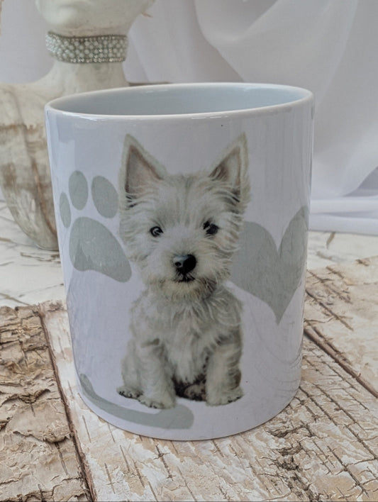 Ceramic Western Highland Terrier Mug with grey heart, paws and bone background
