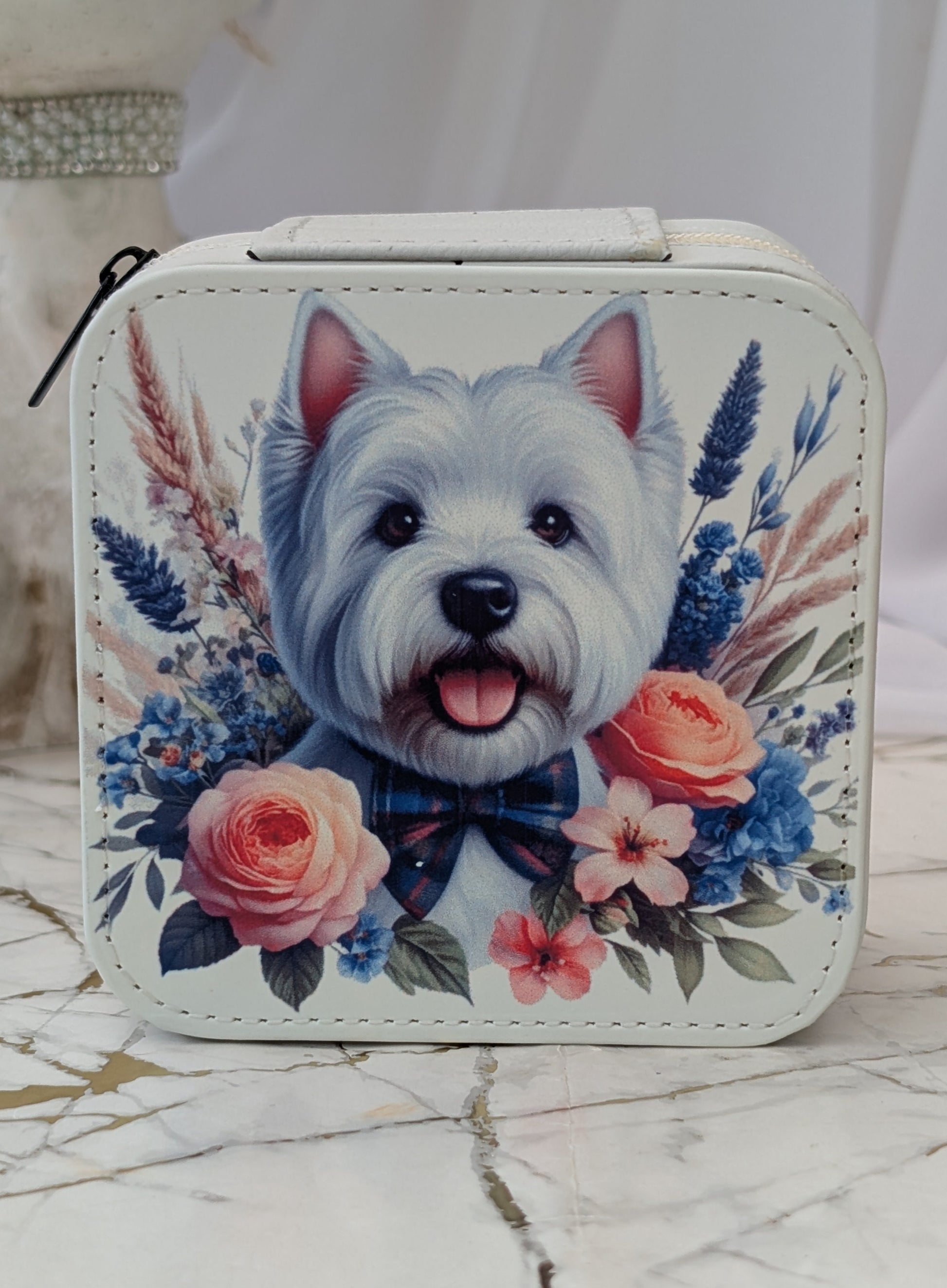 Faux Cream Leather Travel Jewellery Box with Western Highand Terrier peeping over flowers.