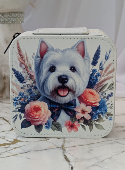 Faux Cream Leather Travel Jewellery Box with Western Highand Terrier peeping over flowers.