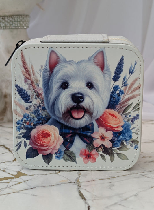 Faux Cream Leather Travel Jewellery Box with Western Highand Terrier peeping over flowers.