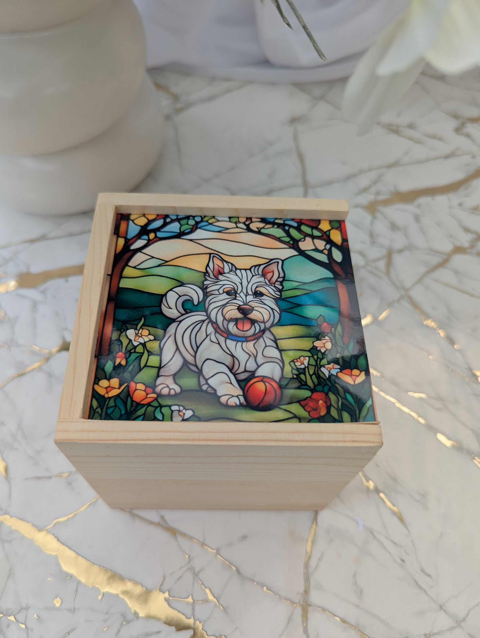 Top view of Western Highland Terrier wooden trinket box with stained glass effect Westie on sliding MDF lid, measuring 10 by 10 by 10 cm