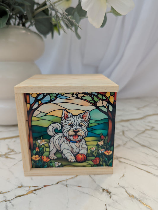 Wooden Western Highland Terrier trinket box with stained glass effect Westie on sliding MDF lid, measuring 10 by 10 by 10 cm