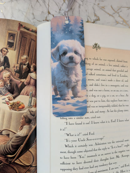 White Cavapoo Gift - laminated bookmark featuring a cute white cavapoo in the snow