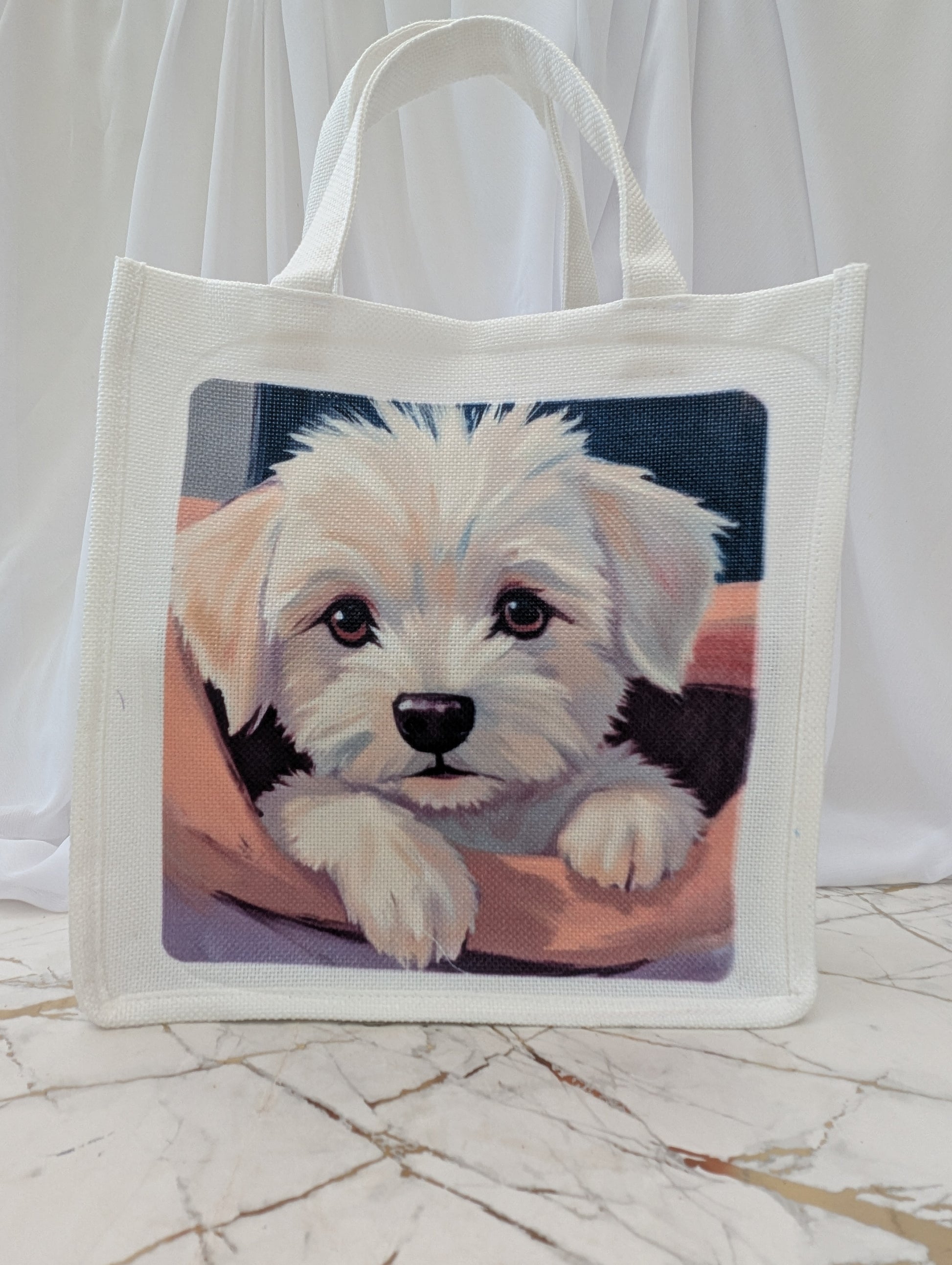 Christmas gift idea - Cute  white cockapoo linen blend tote bag 