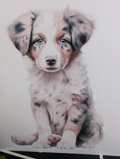 Detailed close up of Australian Shepherd Puppy dog card.  watercolour style printed on 300gsm linen effect white card measuring 6x6 inch square