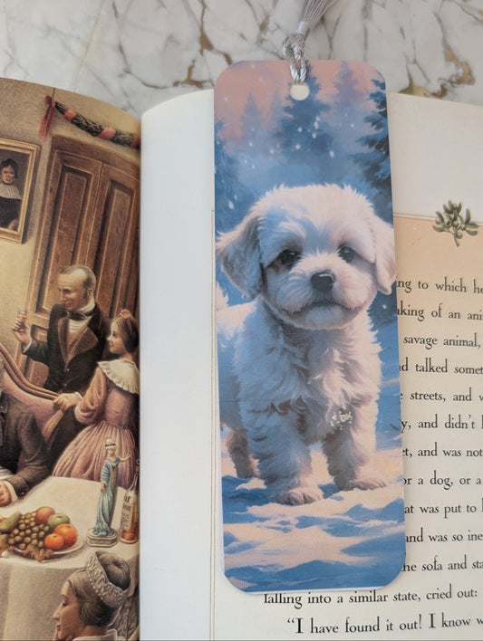 White Cavapoo Maltese Terrier Snowy Oil Painting Style Bookmark