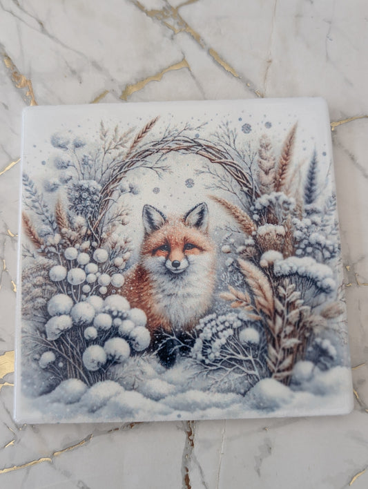 Fox Coaster with winter fox design peeping through winter foliage.  Beautiful fox themed gift